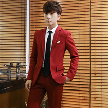 Mens suit slim Korean 2018 new groom suit three-piece Young solid color handsome dress best man suit