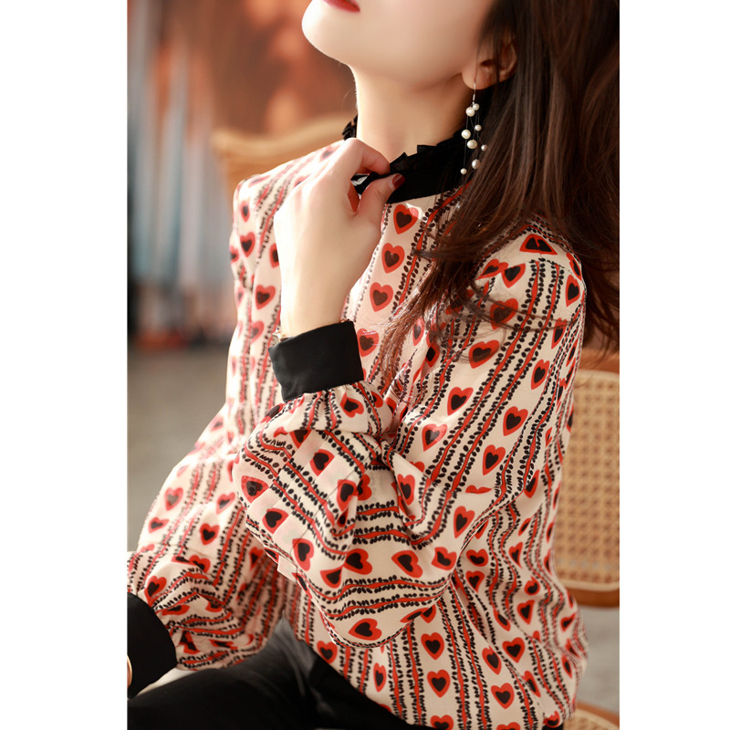 Canary Kiss fungus collar silk shirt women's early spring new commuter printed long-sleeved mulberry silk shirt