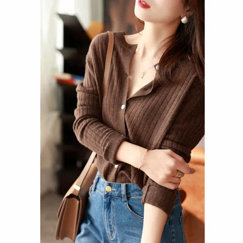 Canary Kiss classic latte wool cardigan women's simple pit strip loose thin knit jacket spring