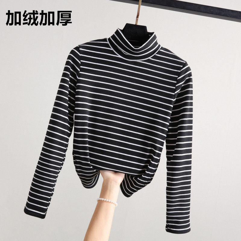 Korean version high-neck striped T-shirt women's long-sleeved autumn and winter plus velvet thick cotton all-match slim bottoming shirt women's velvet top