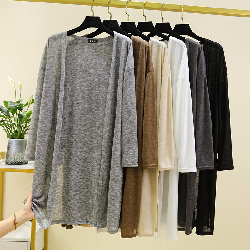 Spring and Summer Mid-Length Plus-Size Cardigan for Women, Thin Shawl, Sun Protection Clothing, Air-Conditioning Shirt, Loose and Versatile Casual Long-Sleeved Jacket