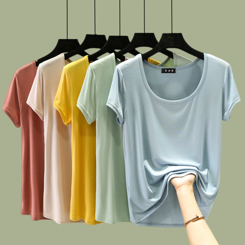 Modal Short-Sleeve Women's Summer Plus-Size U-Neck Inner Layering Shirt, Round-Neck Thin Half-Sleeve Top, Solid Color Simple T-Shirt