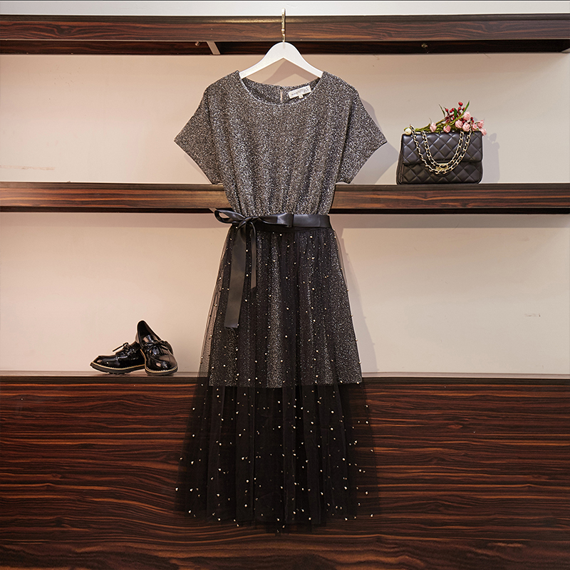 High-end large size women's clothing 2021 summer new fat mm thin Western temperament mesh dress two-piece suit