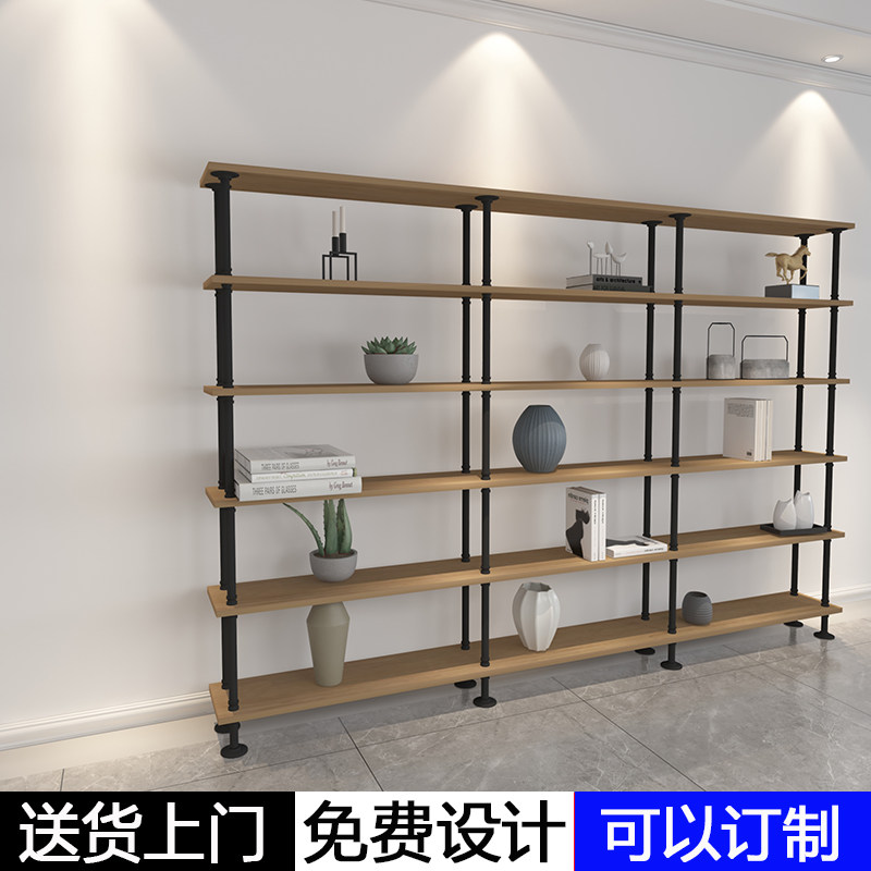 Wrought iron bookshelf floor-to-ceiling solid wood industrial wind rack whole wall display shelf partition LOFT sandwich multi-layer shelf