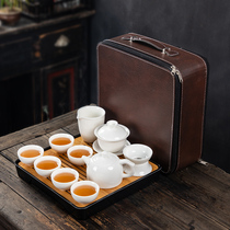 Dehua white porcelain travel Kung Fu tea set Portable Japanese household simple teapot cover bowl 6 people car outdoor