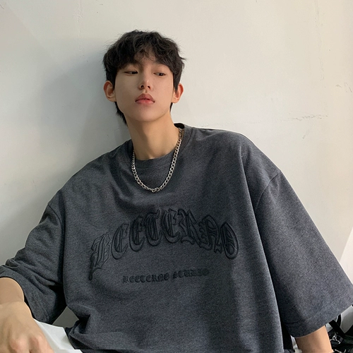 Тяжелый 320 г темно -серого T -малабы для мужчин летние европейские и американские Tide 7 -точечные рукава винтажные американские ретро -ретро маленькие вырез короткие рукава короткие рукава