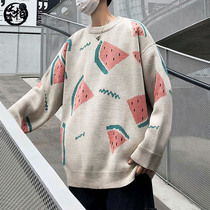 Watermelon ins Hong Kong style cartoon sweater mens loose size Korean trend winter knitwear Joker