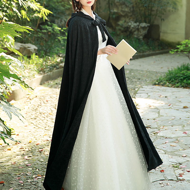 New Black Vintage Printed Lace Shawl, Long Versatile Improved Hanfu Costume Cape, Chinese Style Martial Arts Woman