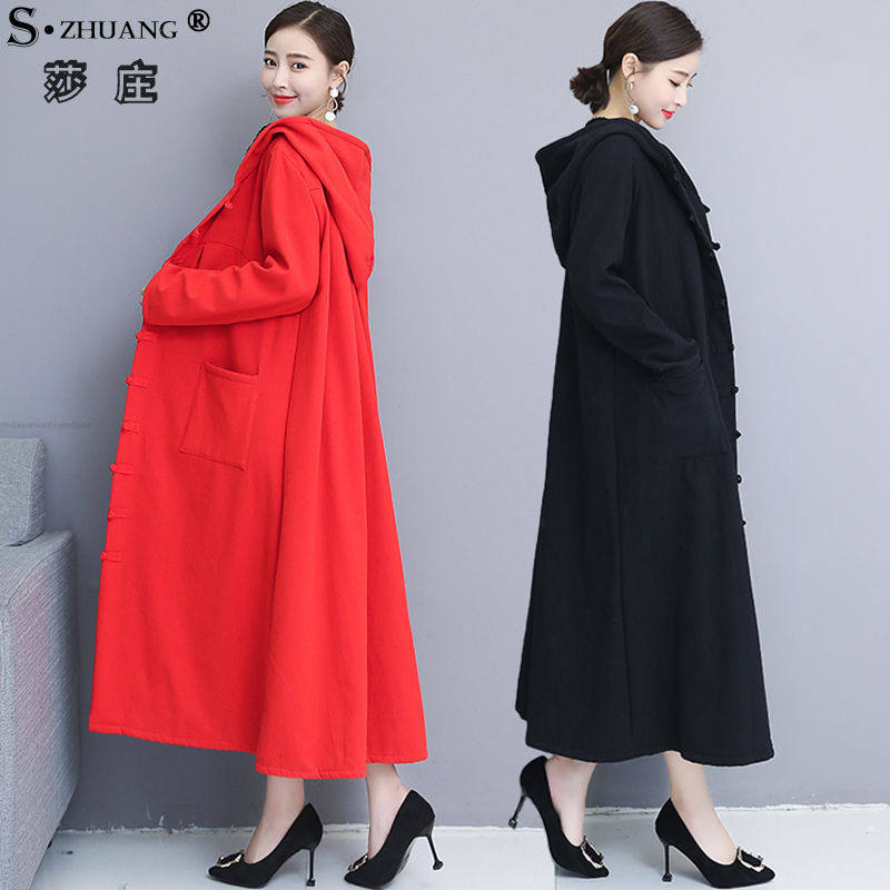 New oversized version of autumn winter national wind cotton linen thicken thickened with cap disc buckle long version of cloak winecoat jacket woman
