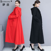 New oversized autumn and winter National Wind cotton linen plus velvet thick hooded disc buckle long cloak windbreaker coat women
