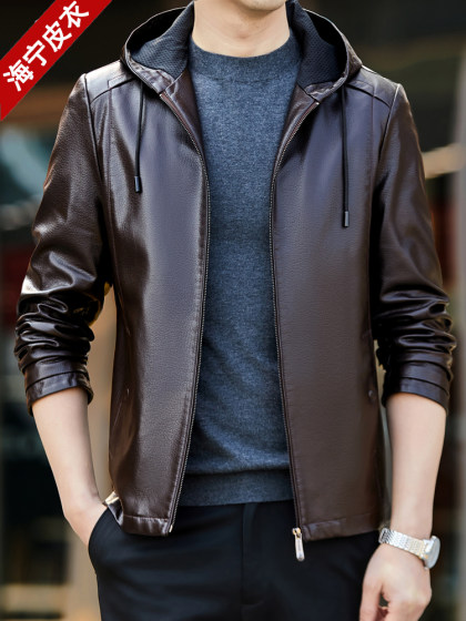 春秋新款海宁高端真皮皮衣男连帽休闲外套中青年男装绵羊皮夹克潮