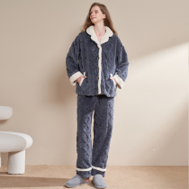 Womens pajamas winter flannel cardigan two-piece coral velvet plus velvet plus thick size can be outfitted home suit