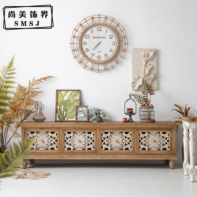 American retro carved TV cabinet high cabinet country house hotel living room home creative log decorative cabinet combination