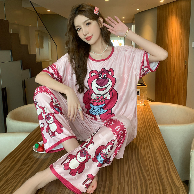Big Brand Style Strawberry Bear Pajamas with Chest Pads for Women, Summer Short-Sleeved Ice Silk Loungewear Three-Piece Set, 2025 New Model