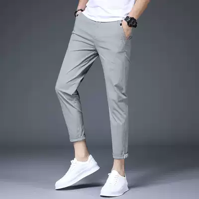 Ice silk casual pants men's summer thin straight Joker elastic ankle-length pants solid color breathable trend Korean long pants
