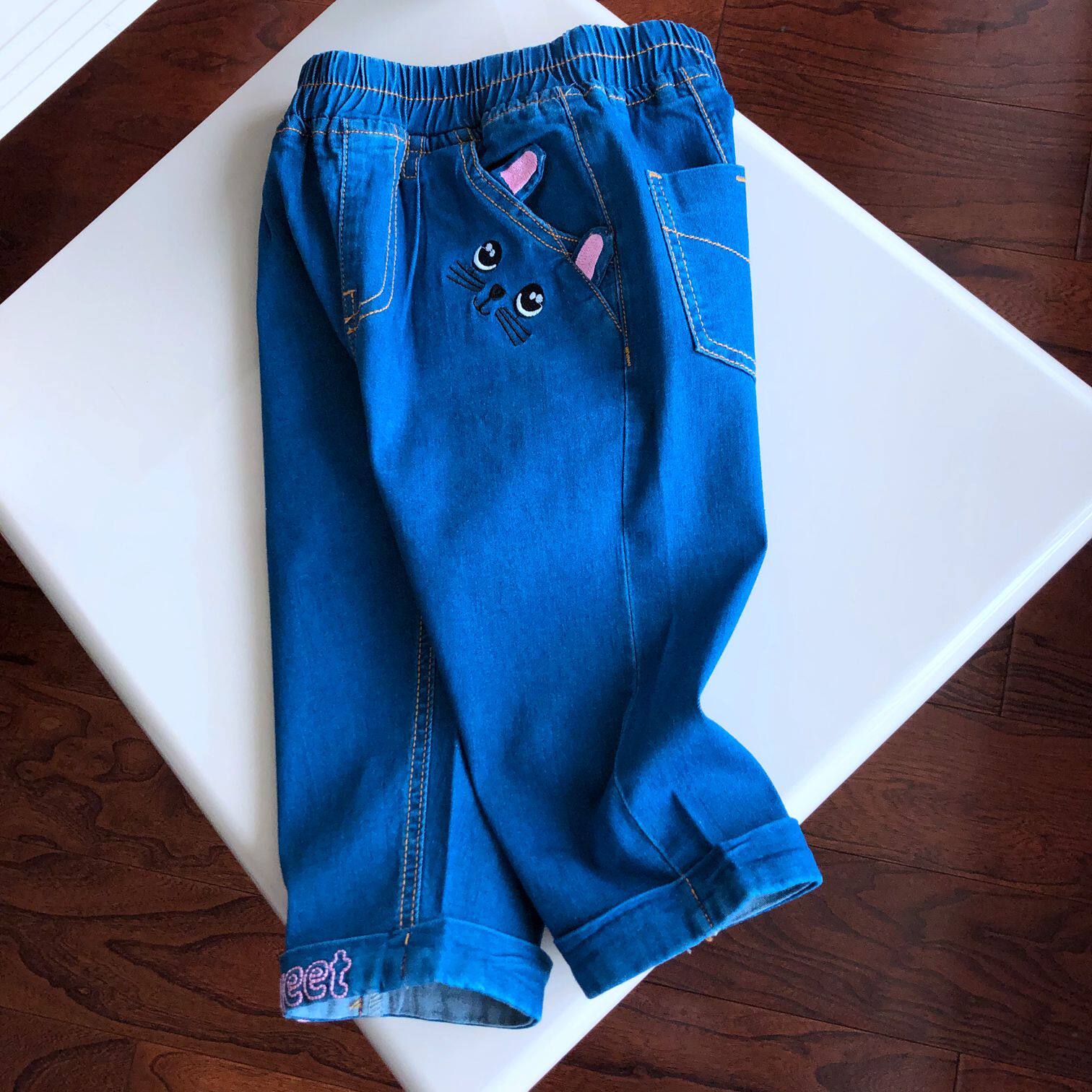 GXK73315sweet embroidered cat stretch cropped pants girls summer jeans -20 5 17