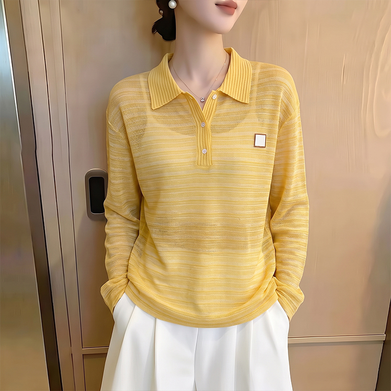 Yellow Polo Collar Long-Sleeved Knitwear for Women 2026 Early Autumn New Fashion Style Slimming Look Thin Blouse Top