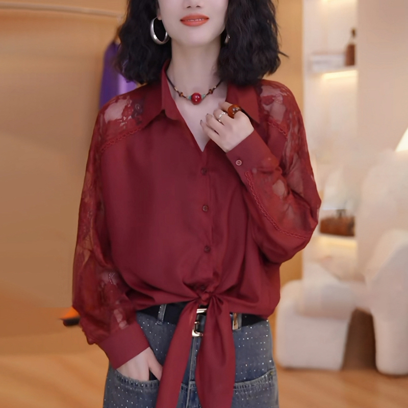 Women's Red Shirt 2026 Early Autumn New Design Stylish and Youthful Casual Lace Trim Hollow Top Women's Red Shirt 2026 Early Autumn New Design Stylish and Youthful Casual Lace Trim Hollow Top