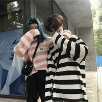 Dark girl 18AW Korea ins với thời trang retro sọc lỏng áo POLO dài tay áo kẻ nam