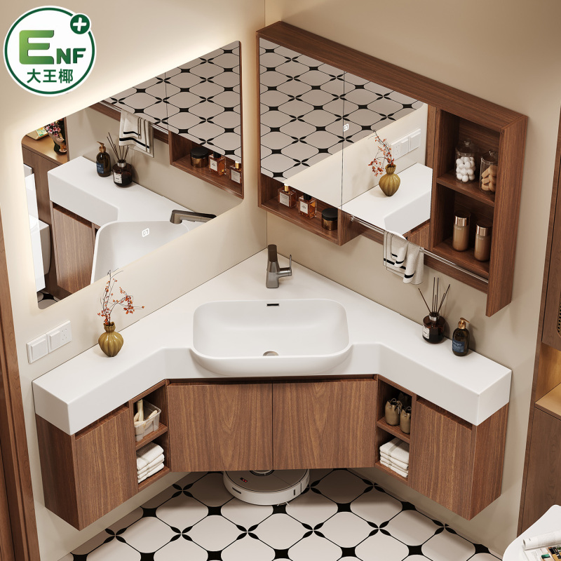 Medieval-Style Walnut Bathroom Cabinet with Corner Sink, Small Apartment Bathroom Vanity, Washbasin and Sink Cabinet Set