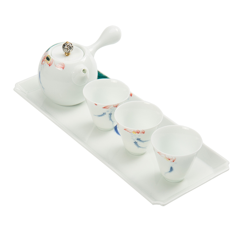 Ronkin contracted dehua white porcelain tea set a pot of car travel three cups of a complete set of ceramic tea tray