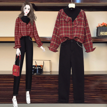  Plus size womens clothing fat sister 2021 early autumn new thin design plaid fashion shirt two-piece suit