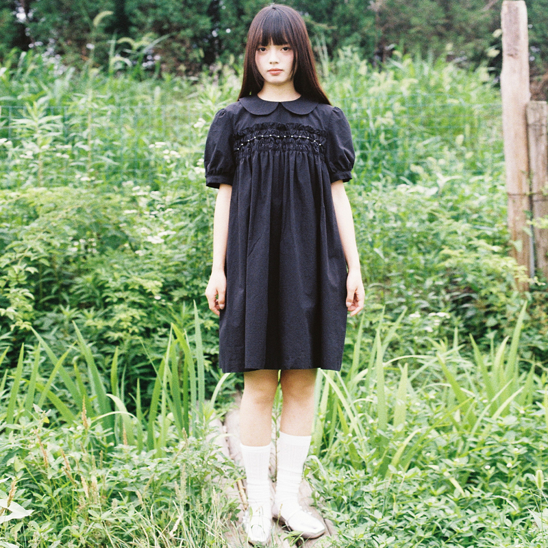 Kyoukyou｜Black Doll Collar Girlish Handmade Beaded Dress for Women, Summer Loose Slimming Little Black Dress