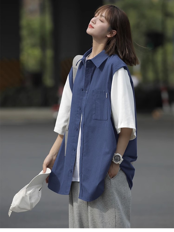 Japanese-Style Hong Kong Fashion Youthful Workwear Short-Sleeve Women's Summer Vest Shirt Fake Two-Piece Color-Blocked Jacket for Men and Women