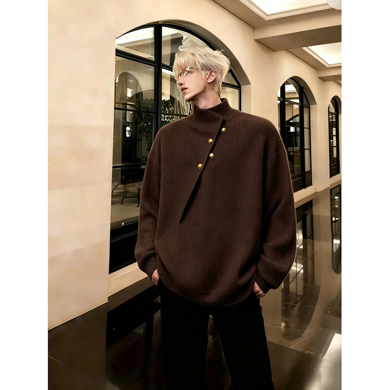 Melard Coffee-Colored Irregular High-Neck Sweater for Men, High-End Lazy Style Loose Knitwear, Old Money Style Jacket Melard Coffee-Colored Irregular High-Neck Sweater for Men, High-End Lazy Style Loose Knitwear, Old Money Style Jacket