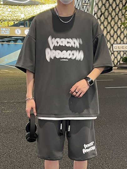 Fake Two-Piece Casual Sports Suit for Men, Summer Trendy Brand Short-Sleeve T-Shirt and Shorts, Men's High-End Style Matching Set