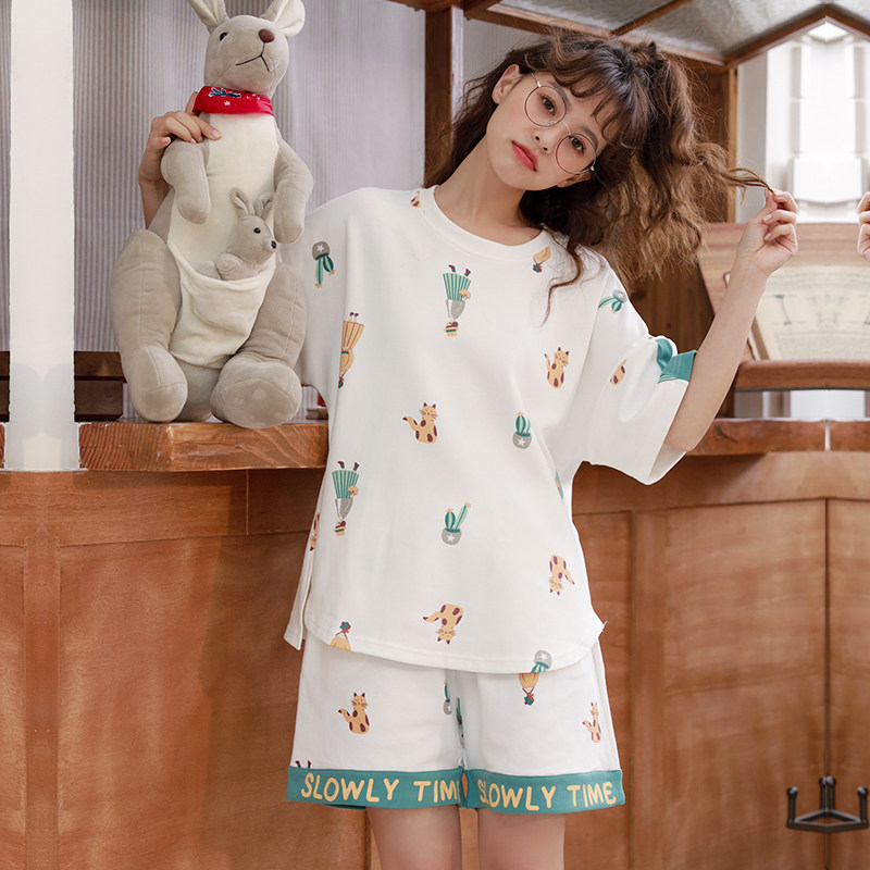 Pure cotton pajamas women's summer thin short-sleeved shorts Cute Japanese two-piece set Korean version can wear home clothes zs