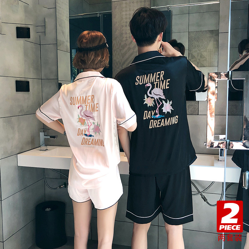 Couple pajamas female summer ice silk cute cartoon Flamingo short-sleeved thin silk men's home suit suit zs