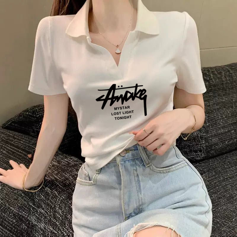 Cotton Polo Collar Ribbed Short-Sleeve T-Shirt for Women, Summer Regular Shoulder V-Neck Short Top with Irregular Curved Hem Cotton Polo Collar Ribbed Short-Sleeve T-Shirt for Women, Summer Regular Shoulder V-Neck Short Top with Irregular Curved Hem