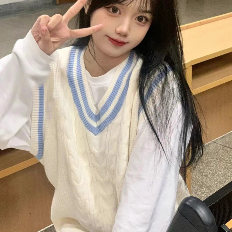 College Style Japanese V-Neck Vest for Women, New Spring and Autumn Color-Blocked Sweater, Loose and Versatile Knitwear Two-Piece Set