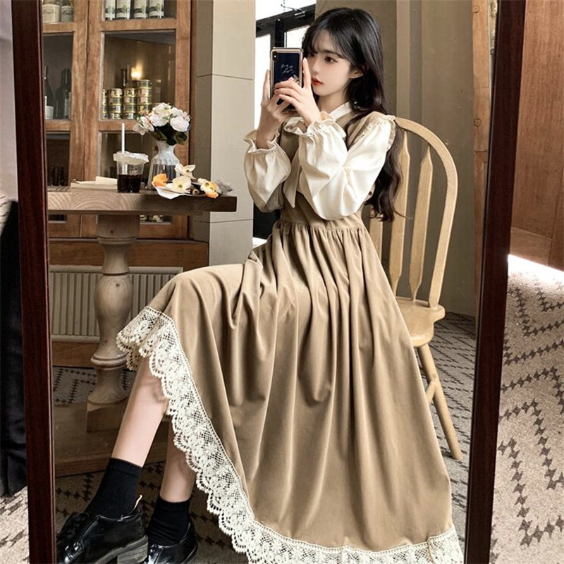 French Retro Korean Style Dress for Women, Autumn and Winter Mid-Length Patchwork Versatile Bow Tie Base Dress to Pair with a Coat