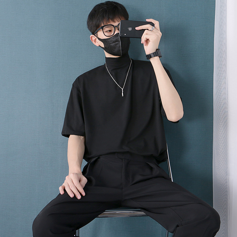 Summer Loose-Fitting Men's Five-Quarter Sleeve T-Shirt with a Unique Design, Niche Style, Half-High Collar Base Shirt, Trendy Brand Short-Sleeve Clothing