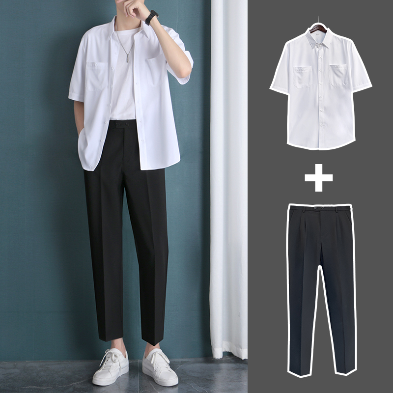 Trendy Brand Pants for Men, Stylish Casual Straight-Leg Loose Suit Pants, Summer Men's Suit Shirt and Dress Pants, Handsome Outfit Trendy Brand Pants for Men, Stylish Casual Straight-Leg Loose Suit Pants, Summer Men's Suit Shirt and Dress Pants, Handsome Outfit