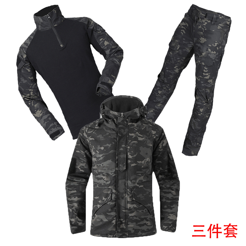 The new winter dark night camouflage suit men's plush warm storm jacket women's field special training uniform workwear is wear-resistant