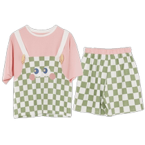 Trendy little monster ~ Pajamas for women summer short-sleeved pure cotton Korean style plaid cute can be worn outside summer home clothes
