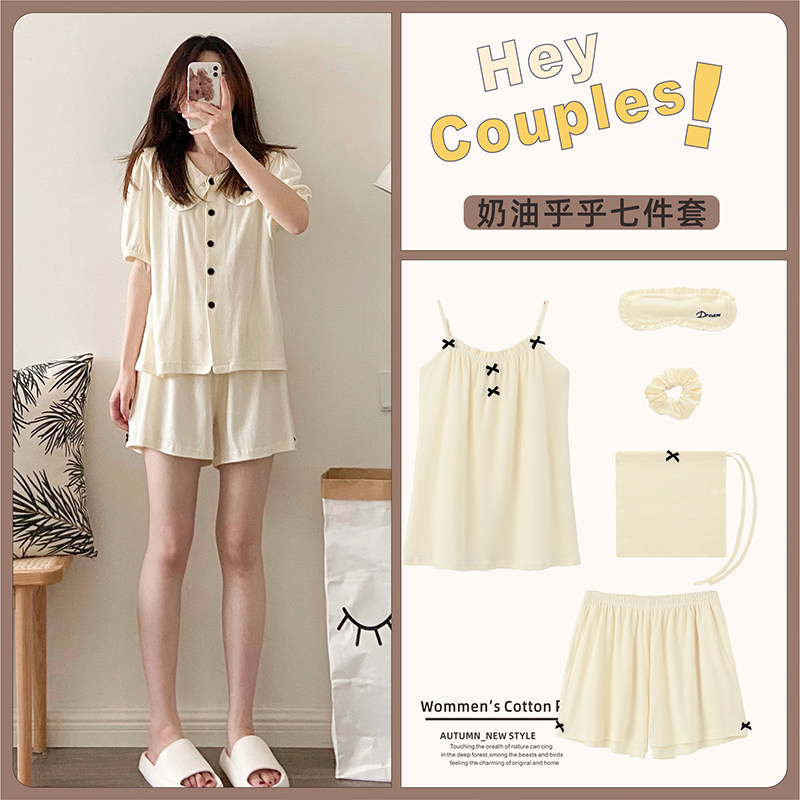 Strangling Doll Collar Pyjamas 7 Pieces 2022 Spring Autumn New Pure Cotton Long Sleeves Matching Summer Short Sleeve Home Clothes