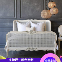 French high-end solid wood bed retro rattan high-back double bed American style distressed carved palace master bedroom princess bed