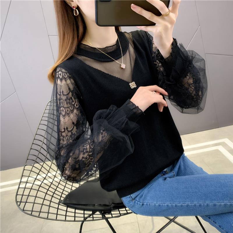 Autumn Women's Clothing 2026 New Thin Knit Sweater with Pendant, Stylish Lace Patchwork Base Shirt Inner Top