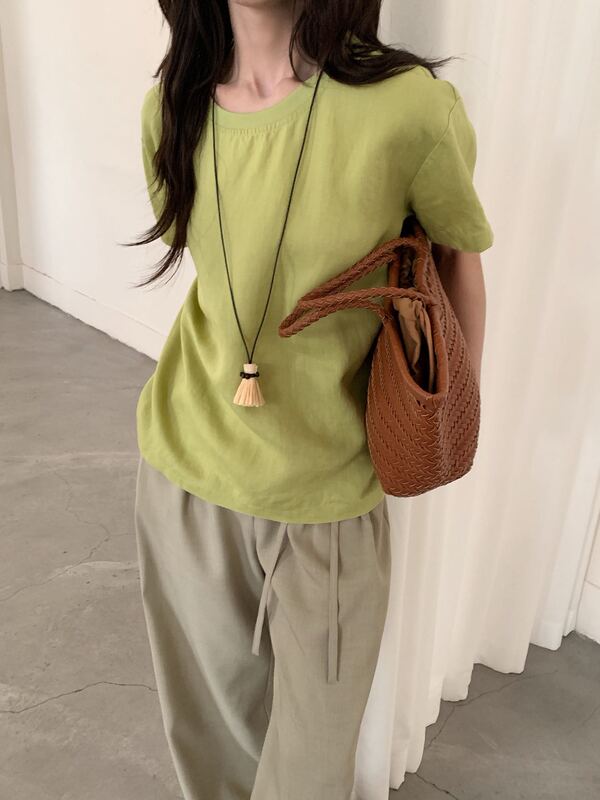 Youguo-[Long-Termism] Korean Dongdaemun Summer Simple, Comfortable, Breathable Linen Short-Sleeved T-Shirt