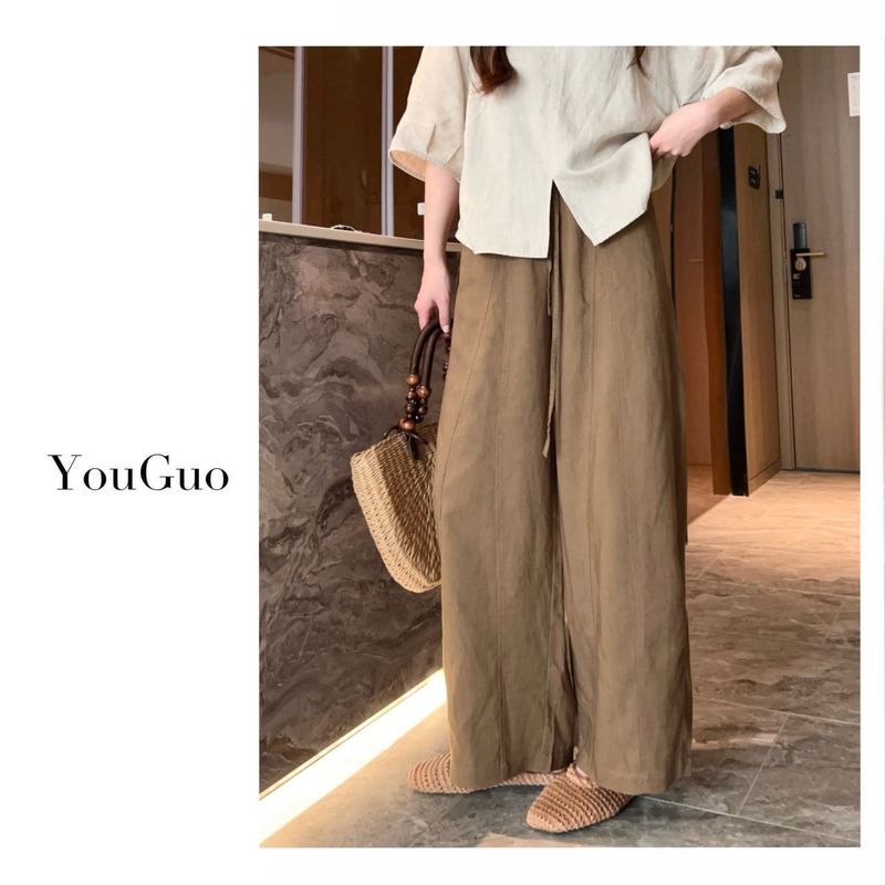 Youguo - [Spring Refreshing Style] Korean-Style Summer Linen Pants with a Loose Fit, Slimming Effect, High Waist, Drawstring, and Wide Legs