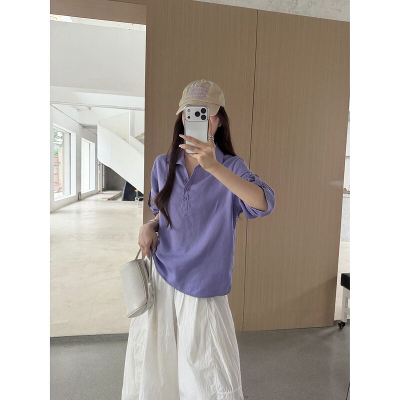 Youguo-[Lazy Purple Charm] Linen Korean-Style Retro Drapey Loose-Fitting Sports Casual Shirt with Convertible Sleeves t