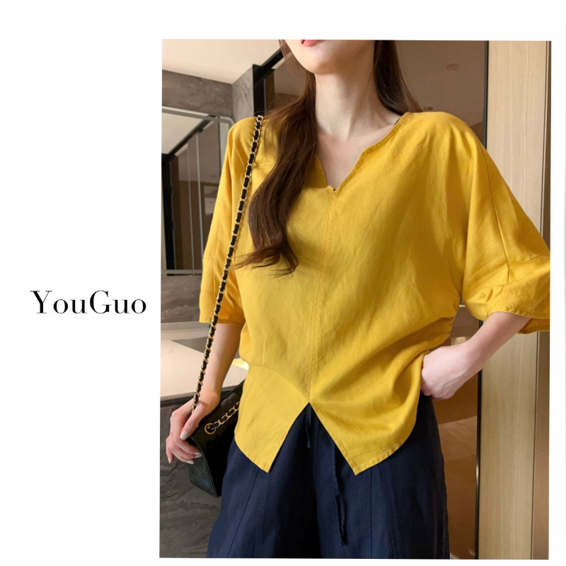 Youguo-[Summer Soft Light] Linen Korean-Style New Summer Style Loose-Fitting Slimming V-Neck Linen Short-Sleeve Shirt