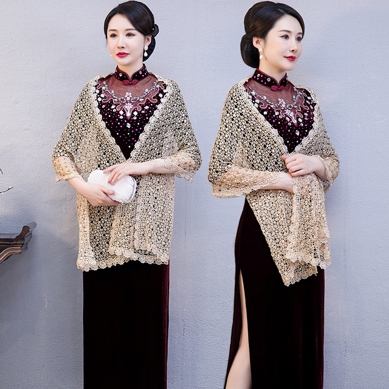 Spring and Summer Thin Versatile Cheongsam Shawl Dress with Lace and Sequins, High-End Wedding Attire for Mother-In-Law and Mother