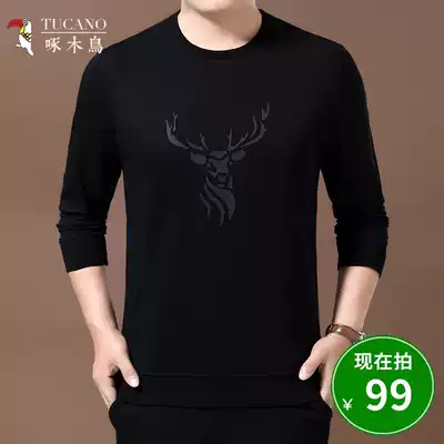 Woodpecker autumn middle-aged man round neck thick cotton T male black loose casual long sleeve men father pullover base shirt