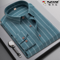 Woodpecker shirt mens long sleeves trendy business casual dress autumn mens slim workwear stripes shirt tide B