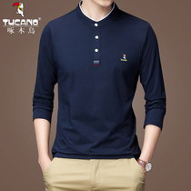 Woodpecker Stand Collar Long Sleeve T-shirt Men Business Leisure Thin base shirt Spring and Autumn Cotton Loose Wear